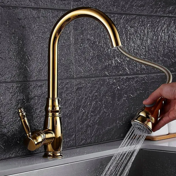 Kitchen Faucet Contemporary Retro Style Ti-PVD Pull-out/Pull-down Vessel/Brass/Single Handle One Hole