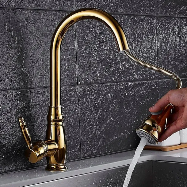 Kitchen Faucet Contemporary Retro Style Ti-PVD Pull-out/Pull-down Vessel/Brass/Single Handle One Hole