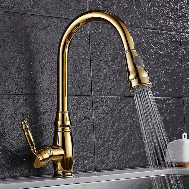Kitchen Faucet Contemporary Retro Style Ti-PVD Pull-out/Pull-down Vessel/Brass/Single Handle One Hole