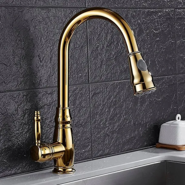 Kitchen Faucet Contemporary Retro Style Ti-PVD Pull-out/Pull-down Vessel/Brass/Single Handle One Hole