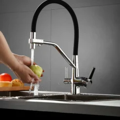 Kitchen Faucet Pull Down Spray Head, Purified Water Dual Spout Taps Sink Mixer Deck Mounted, 360 Rotating Twin Handle High Arc Flexible Tube Vessel Brass Tap