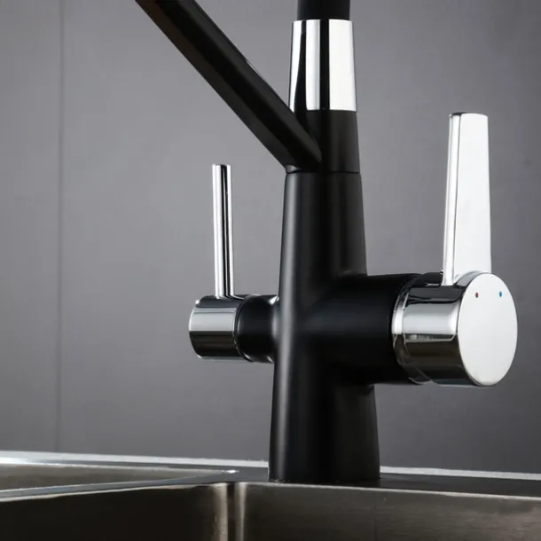 Kitchen Faucet Pull Down Spray Head, Purified Water Dual Spout Taps Sink Mixer Deck Mounted, 360 Rotating Twin Handle High Arc Flexible Tube Vessel Brass Tap