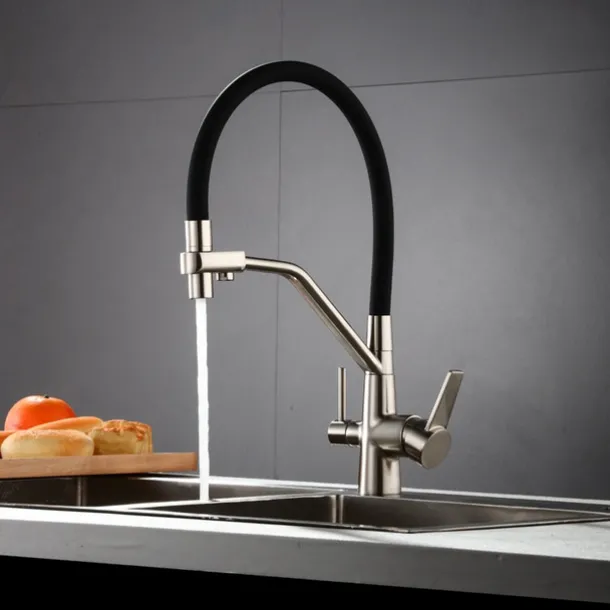 Kitchen Faucet Pull Down Spray Head, Purified Water Dual Spout Taps Sink Mixer Deck Mounted, 360 Rotating Twin Handle High Arc Flexible Tube Vessel Brass Tap