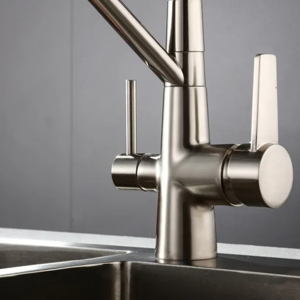 Kitchen Faucet Pull Down Spray Head, Purified Water Dual Spout Taps Sink Mixer Deck Mounted, 360 Rotating Twin Handle High Arc Flexible Tube Vessel Brass Tap