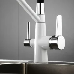 Kitchen Faucet Pull Down Spray Head, Purified Water Dual Spout Taps Sink Mixer Deck Mounted, 360 Rotating Twin Handle High Arc Flexible Tube Vessel Brass Tap