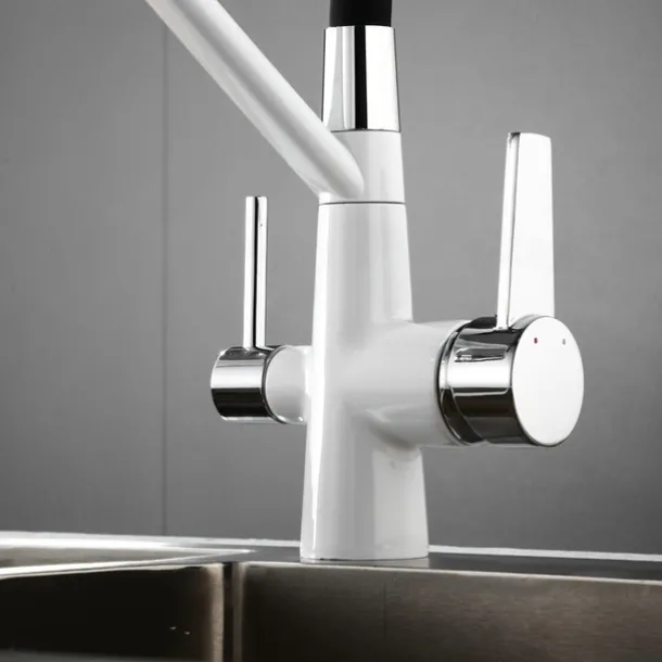 Kitchen Faucet Pull Down Spray Head, Purified Water Dual Spout Taps Sink Mixer Deck Mounted, 360 Rotating Twin Handle High Arc Flexible Tube Vessel Brass Tap