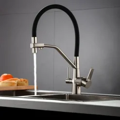 Kitchen Faucet Pull Down Spray Head, Purified Water Dual Spout Taps Sink Mixer Deck Mounted, 360 Rotating Twin Handle High Arc Flexible Tube Vessel Brass Tap