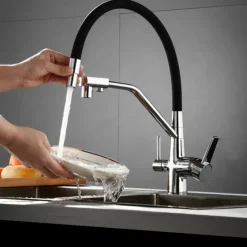 Kitchen Faucet Pull Down Spray Head, Purified Water Dual Spout Taps Sink Mixer Deck Mounted, 360 Rotating Twin Handle High Arc Flexible Tube Vessel Brass Tap