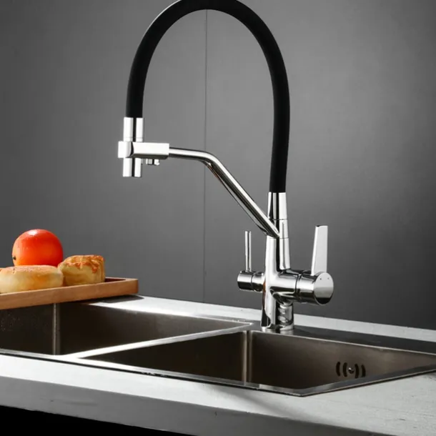 Kitchen Faucet Pull Down Spray Head, Purified Water Dual Spout Taps Sink Mixer Deck Mounted, 360 Rotating Twin Handle High Arc Flexible Tube Vessel Brass Tap
