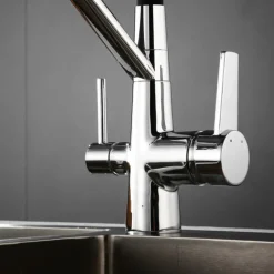 Kitchen Faucet Pull Down Spray Head, Purified Water Dual Spout Taps Sink Mixer Deck Mounted, 360 Rotating Twin Handle High Arc Flexible Tube Vessel Brass Tap