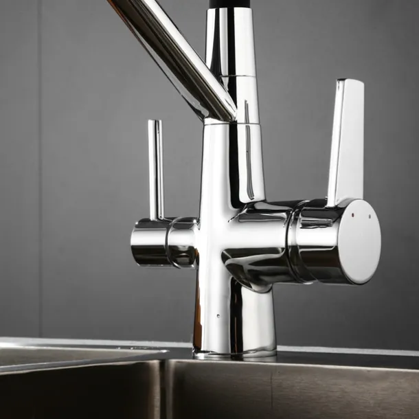 Kitchen Faucet Pull Down Spray Head, Purified Water Dual Spout Taps Sink Mixer Deck Mounted, 360 Rotating Twin Handle High Arc Flexible Tube Vessel Brass Tap