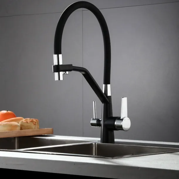 Kitchen Faucet Pull Down Spray Head, Purified Water Dual Spout Taps Sink Mixer Deck Mounted, 360 Rotating Twin Handle High Arc Flexible Tube Vessel Brass Tap