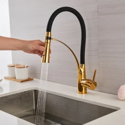 Kitchen Faucet Pull Down Sink Mixer Taps, 360 Swivel Flexible Tube Pipe Brass Taps, Single Handle with Hot and Cold Water Hose