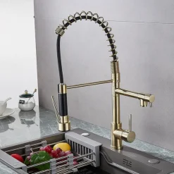 Kitchen Faucet Pull Out Sink Mixer Taps Dual Spout, High Arc Spring Vessel Brass Taps, Single Handle 360 Swivel Sprayer with Hot and Cold Water Hose