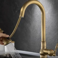 Kitchen Faucet Pull Out Sink Mixer Taps, 360 Degree 2 Mode Sprayer, Vintage Brass Vessel Tap with Cold and Hot Hose