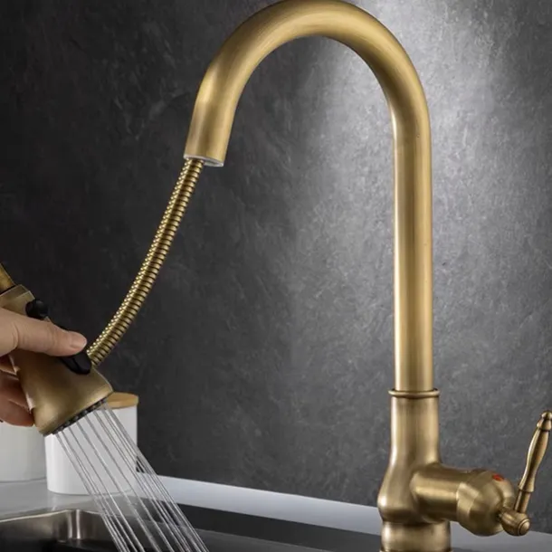 Kitchen Faucet Pull Out Sink Mixer Taps, 360 Degree 2 Mode Sprayer, Vintage Brass Vessel Tap with Cold and Hot Hose