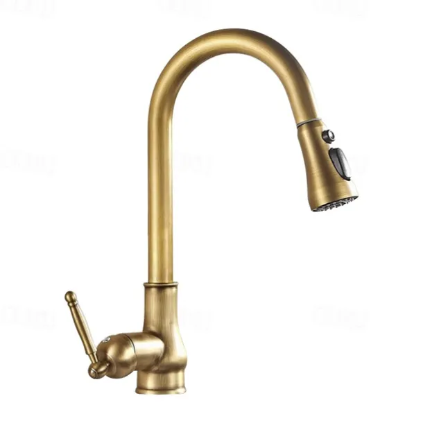 Kitchen Faucet Pull Out Sink Mixer Taps, 360 Degree 2 Mode Sprayer, Vintage Brass Vessel Tap with Cold and Hot Hose
