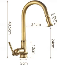 Kitchen Faucet Pull Out Sink Mixer Taps, 360 Degree 2 Mode Sprayer, Vintage Brass Vessel Tap with Cold and Hot Hose