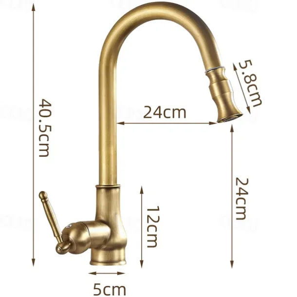 Kitchen Faucet Pull Out Sink Mixer Taps, 360 Degree 2 Mode Sprayer, Vintage Brass Vessel Tap with Cold and Hot Hose