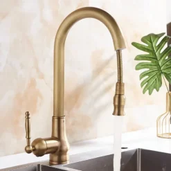 Kitchen Faucet Pull Out Sink Mixer Taps, 360 Degree 2 Mode Sprayer, Vintage Brass Vessel Tap with Cold and Hot Hose