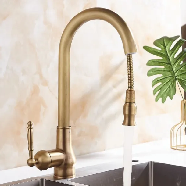 Kitchen Faucet Pull Out Sink Mixer Taps, 360 Degree 2 Mode Sprayer, Vintage Brass Vessel Tap with Cold and Hot Hose