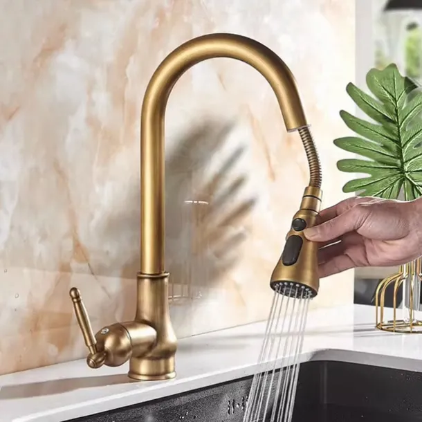 Kitchen Faucet Pull Out Sink Mixer Taps, 360 Degree 2 Mode Sprayer, Vintage Brass Vessel Tap with Cold and Hot Hose