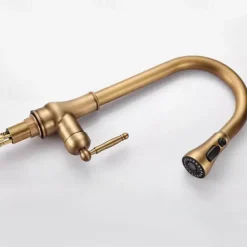 Kitchen Faucet Pull Out Sink Mixer Taps, 360 Degree 2 Mode Sprayer, Vintage Brass Vessel Tap with Cold and Hot Hose