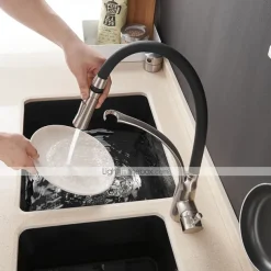 Kitchen Faucet Set, Brush Nickel Single Handle One Hole Pull Out Centerset, Brass Kitchen Faucet with Supply Lines