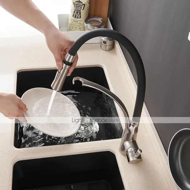 Kitchen Faucet Set, Brush Nickel Single Handle One Hole Pull Out Centerset, Brass Kitchen Faucet with Supply Lines