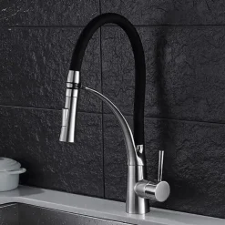 Kitchen Faucet Set, Brush Nickel Single Handle One Hole Pull Out Centerset, Brass Kitchen Faucet with Supply Lines