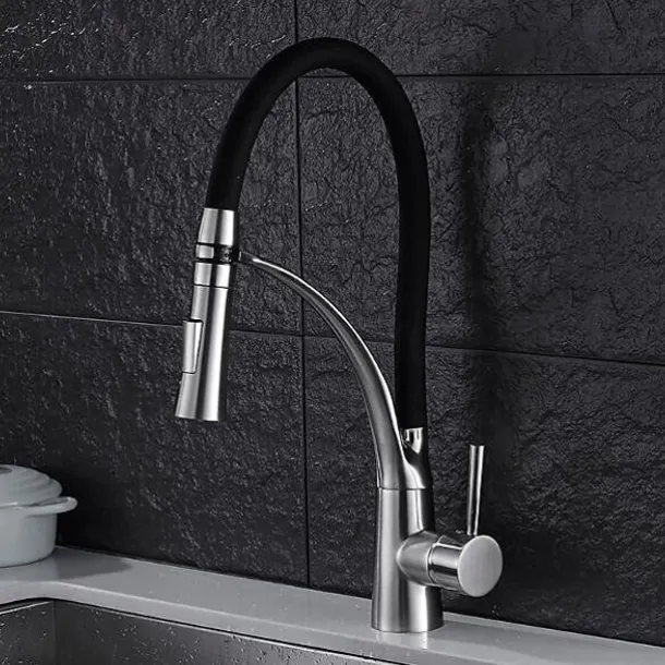 Kitchen Faucet Set, Brush Nickel Single Handle One Hole Pull Out Centerset, Brass Kitchen Faucet with Supply Lines