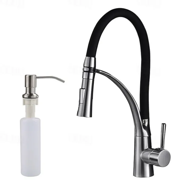 Kitchen Faucet Set, Brush Nickel Single Handle One Hole Pull Out Centerset, Brass Kitchen Faucet with Supply Lines