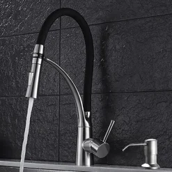 Kitchen Faucet Set, Brush Nickel Single Handle One Hole Pull Out Centerset, Brass Kitchen Faucet with Supply Lines