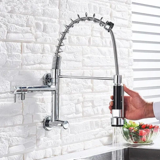 Kitchen Faucet Sink Pull Out Only Cold Water, 360 Swivel Spout Wall Mounted Brass Pull Down Kitchen Vessel Taps Chrome