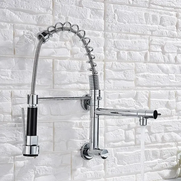 Kitchen Faucet Sink Pull Out Only Cold Water, 360 Swivel Spout Wall Mounted Brass Pull Down Kitchen Vessel Taps Chrome