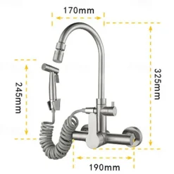 Kitchen Faucet with Bidet Single Handle Two Holes Stainless Steel Standard Spout Wall Mounted Modern Contemporary Kitchen Taps