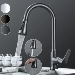 Kitchen Faucet with Pull-out Spray,Single Handle One Hole Brass High Arc 3-Modes Minimalist Style Kitchen Taps(Gun Grey/Black/Chrome)