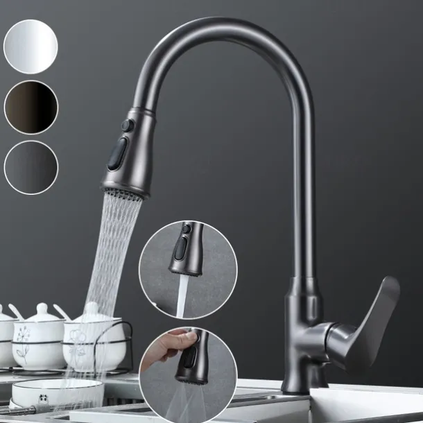 Kitchen Faucet with Pull-out Spray,Single Handle One Hole Brass High Arc 3-Modes Minimalist Style Kitchen Taps(Gun Grey/Black/Chrome)