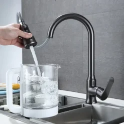 Kitchen Faucet with Pull-out Spray,Single Handle One Hole Brass High Arc 3-Modes Minimalist Style Kitchen Taps(Gun Grey/Black/Chrome)