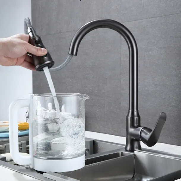 Kitchen Faucet with Pull-out Spray,Single Handle One Hole Brass High Arc 3-Modes Minimalist Style Kitchen Taps(Gun Grey/Black/Chrome)