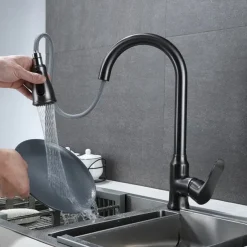 Kitchen Faucet with Pull-out Spray,Single Handle One Hole Brass High Arc 3-Modes Minimalist Style Kitchen Taps(Gun Grey/Black/Chrome)