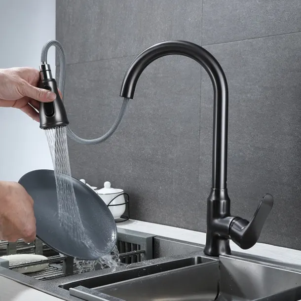 Kitchen Faucet with Pull-out Spray,Single Handle One Hole Brass High Arc 3-Modes Minimalist Style Kitchen Taps(Gun Grey/Black/Chrome)