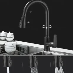 Kitchen Faucet with Pull-out Spray,Single Handle One Hole Brass High Arc 3-Modes Minimalist Style Kitchen Taps(Gun Grey/Black/Chrome)