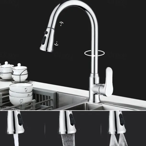 Kitchen Faucet with Pull-out Spray,Single Handle One Hole Brass High Arc 3-Modes Minimalist Style Kitchen Taps(Gun Grey/Black/Chrome)