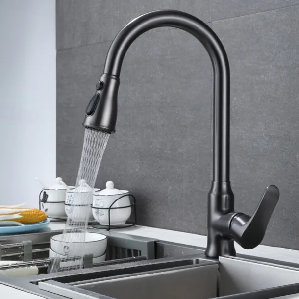 Kitchen Faucet with Pull-out Spray,Single Handle One Hole Brass High Arc 3-Modes Minimalist Style Kitchen Taps(Gun Grey/Black/Chrome)