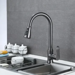 Kitchen Faucet with Pull-out Spray,Single Handle One Hole Brass High Arc 3-Modes Minimalist Style Kitchen Taps(Gun Grey/Black/Chrome)