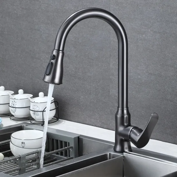 Kitchen Faucet with Pull-out Spray,Single Handle One Hole Brass High Arc 3-Modes Minimalist Style Kitchen Taps(Gun Grey/Black/Chrome)
