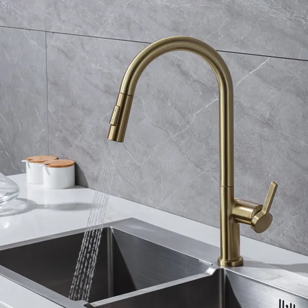 Kitchen Faucet with Pull-out Spray,Single Handle One Hole Brass High Arc 2-modes 360°Rotatable Modern Contemporary Kitchen Taps