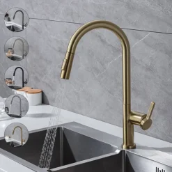 Kitchen Faucet with Pull-out Spray,Single Handle One Hole Brass High Arc 2-modes 360°Rotatable Modern Contemporary Kitchen Taps