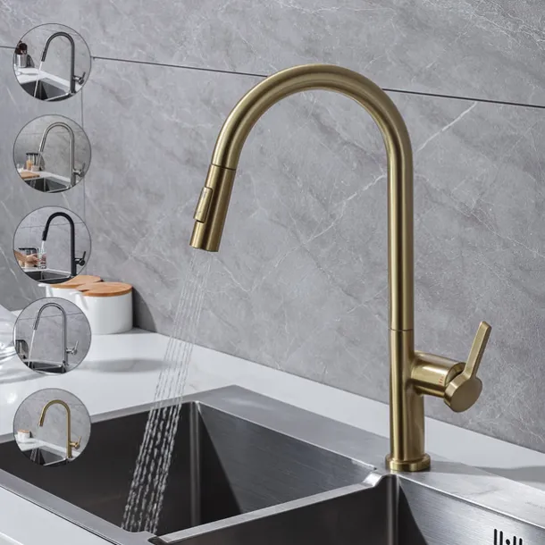 Kitchen Faucet with Pull-out Spray,Single Handle One Hole Brass High Arc 2-modes 360°Rotatable Modern Contemporary Kitchen Taps